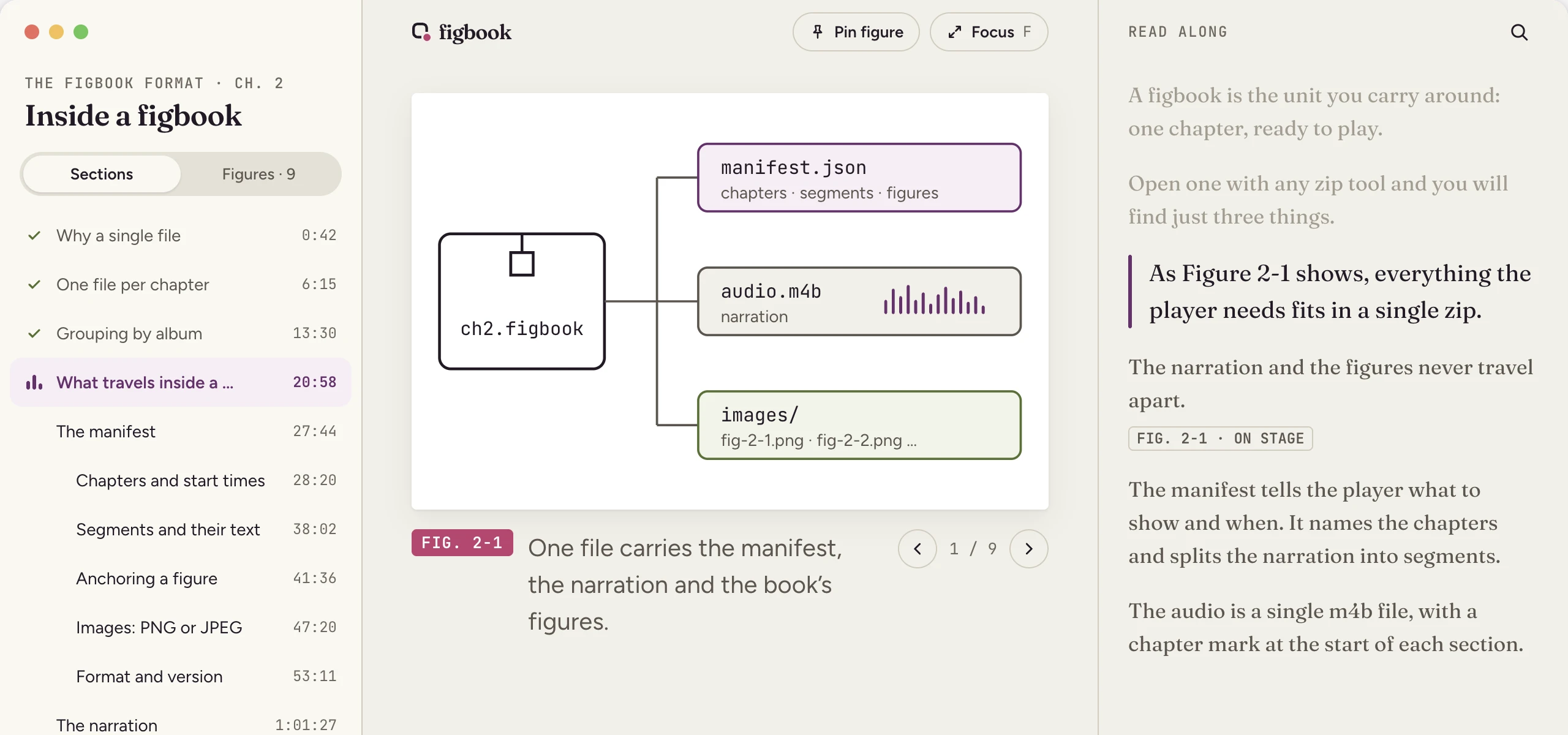 Figbook on Mac: the sections of the chapter on the left, Figure 2-1 in the middle of the window and the words being read on the right.